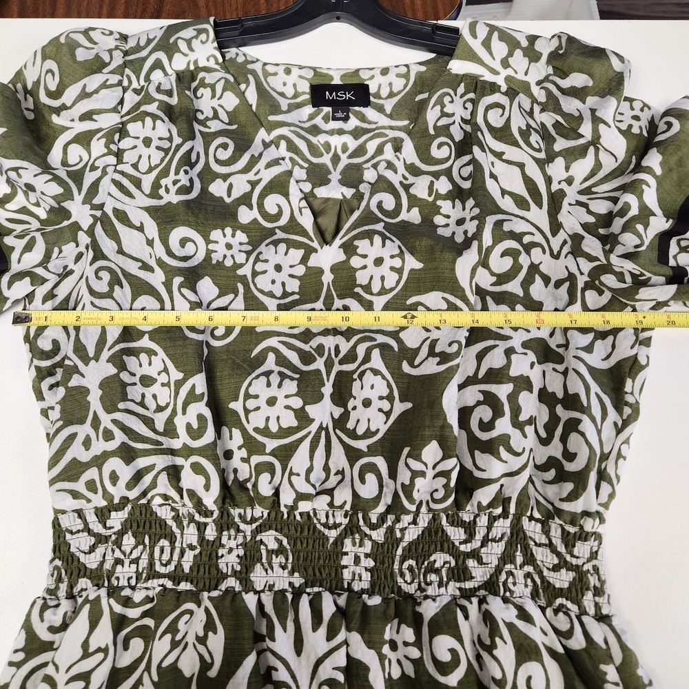 MSK Short Puff Sleeve V Neck A Line Green Short Dress Womens Size L NWT - Picture 7 of 9